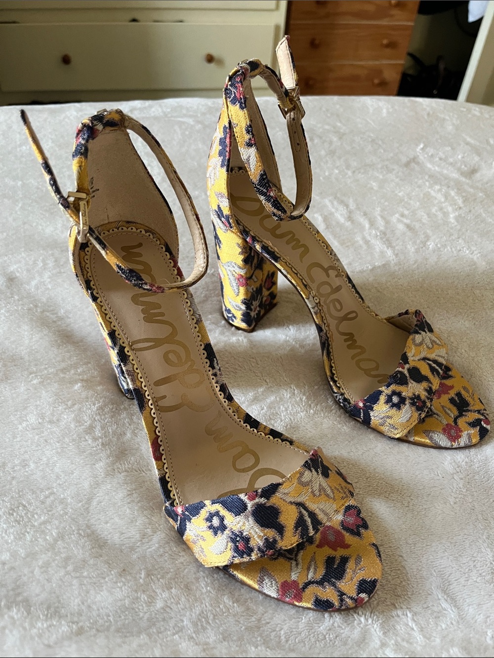 Sam Edelman Yellow gold and blue Floral Ankle-Strap Block Heels